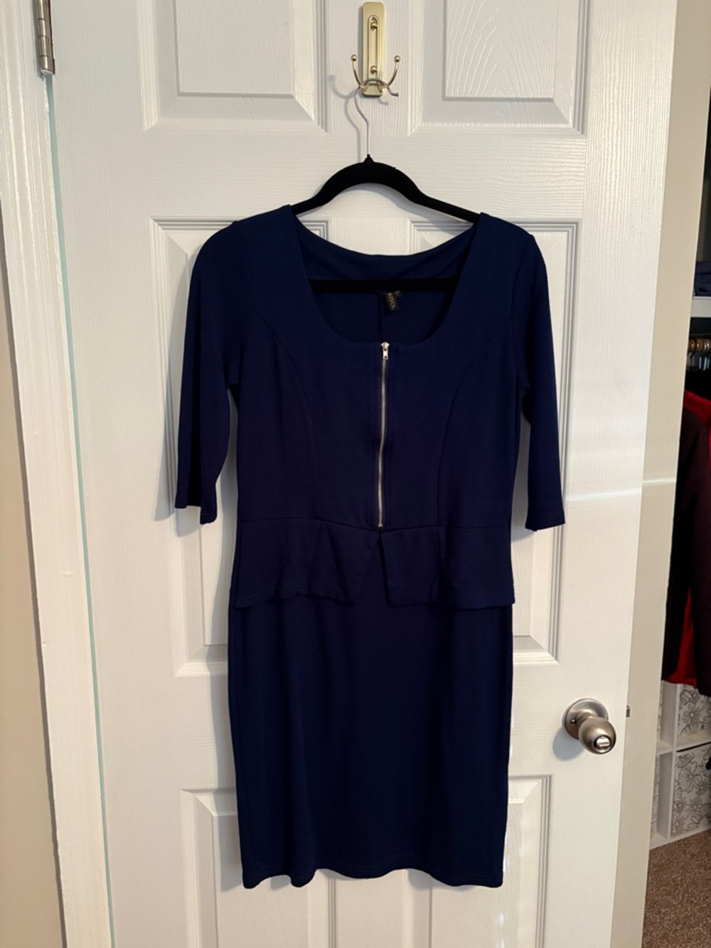 Miusol Navy Peplum Midi Dress with Front Zip